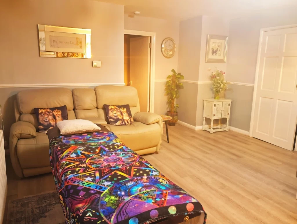 relaxing Reiki retreat space in Enfield with treatment bed for healing and restoration