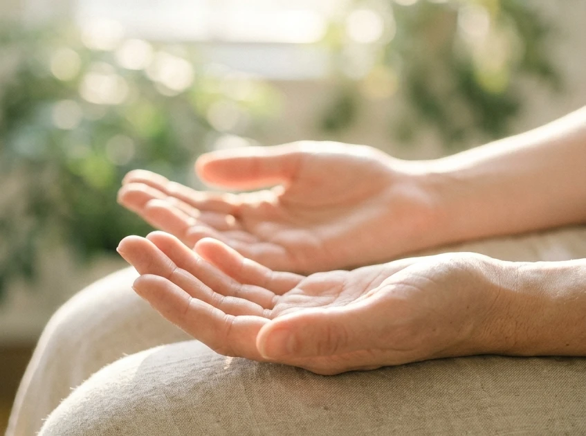 Relaxed open hands resting peacefully during an online Reiki energy healing session