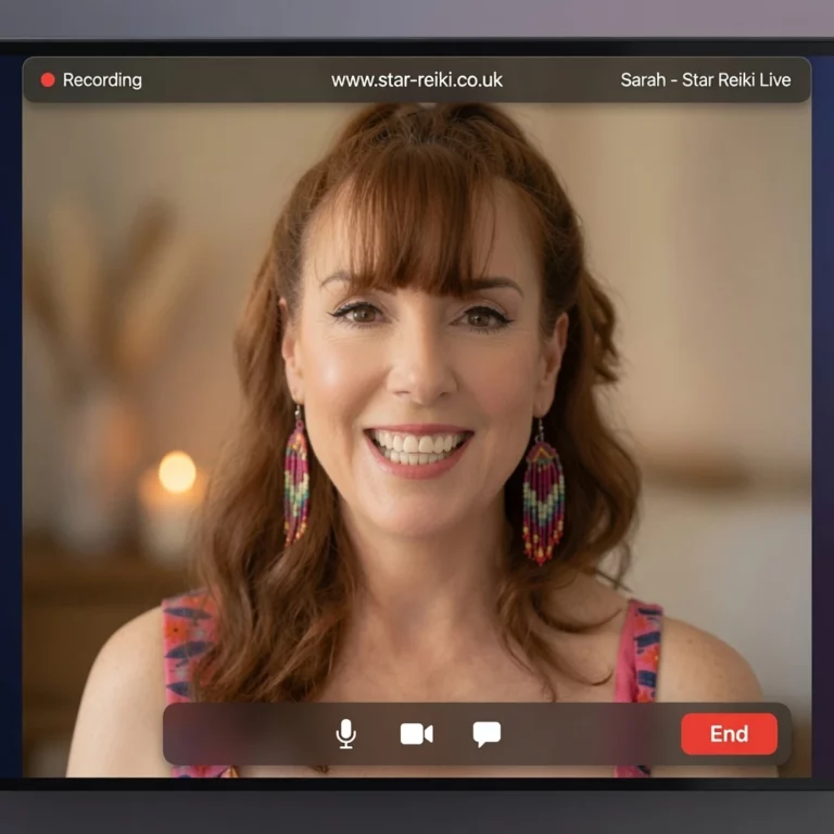 Reiki healer Sara on a video call conducting an online Reiki 1:1 session